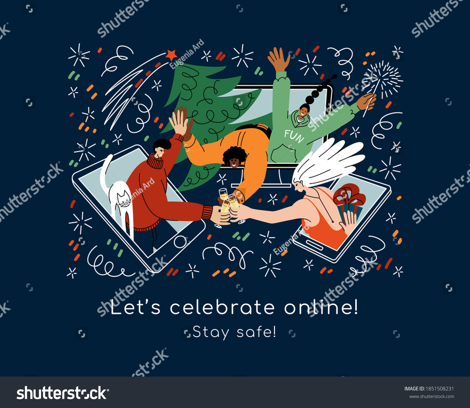 Young people of different races celebrate Christmas and New year online. Friends meeting via internet using phone, tablet, desktop; celebrating holidays together, drinking champagne, exchanging gifts #1851508231