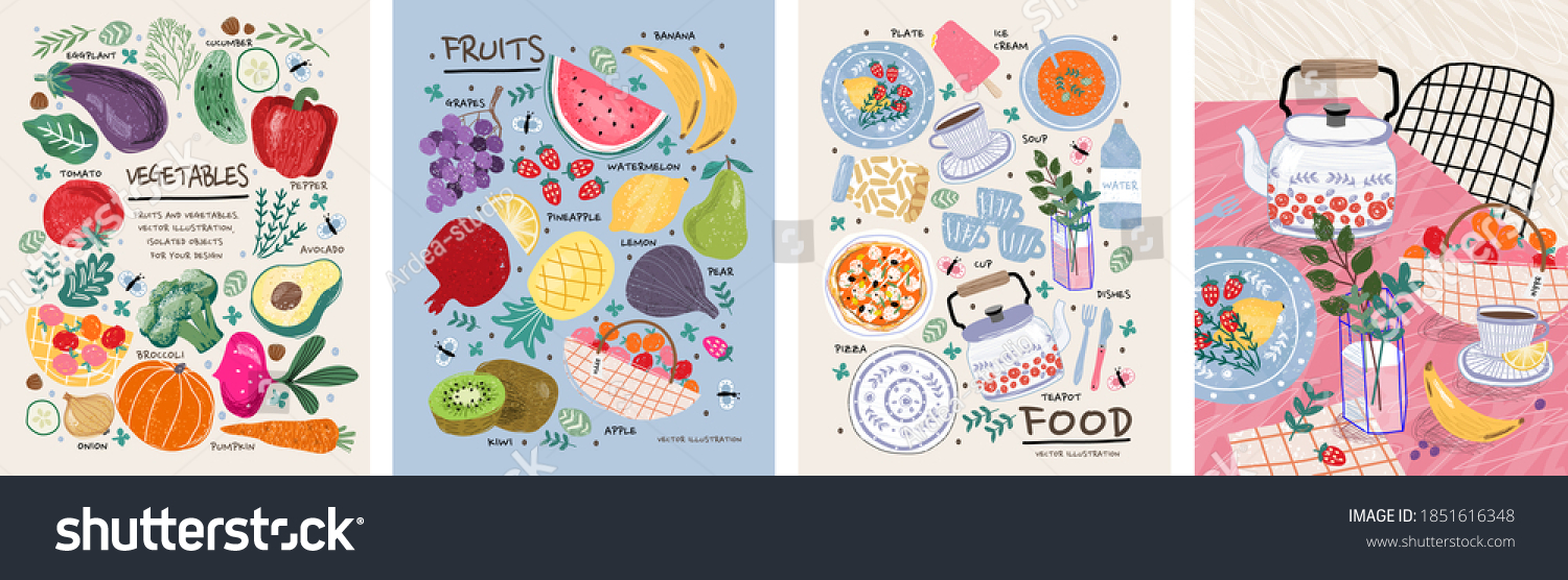 Food, vegetables and fruits. Vector illustrations: dishes, kiwi, broccoli, pumpkin, eggplant, avocado, pear, tomato, teapot, still life on the table, etc. Drawings for poster, card or background
 
 #1851616348