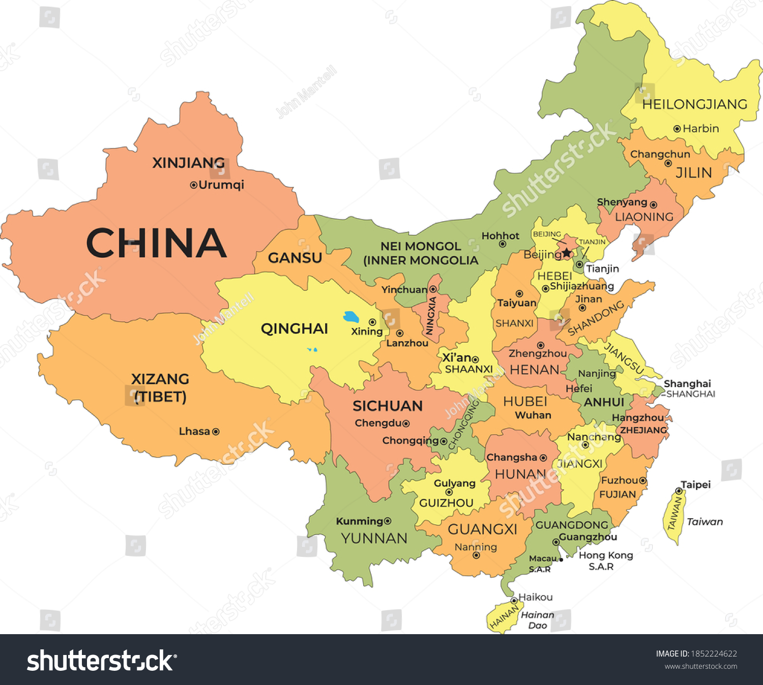 Map of Chinese of cities, capitals, provinces, - Royalty Free Stock