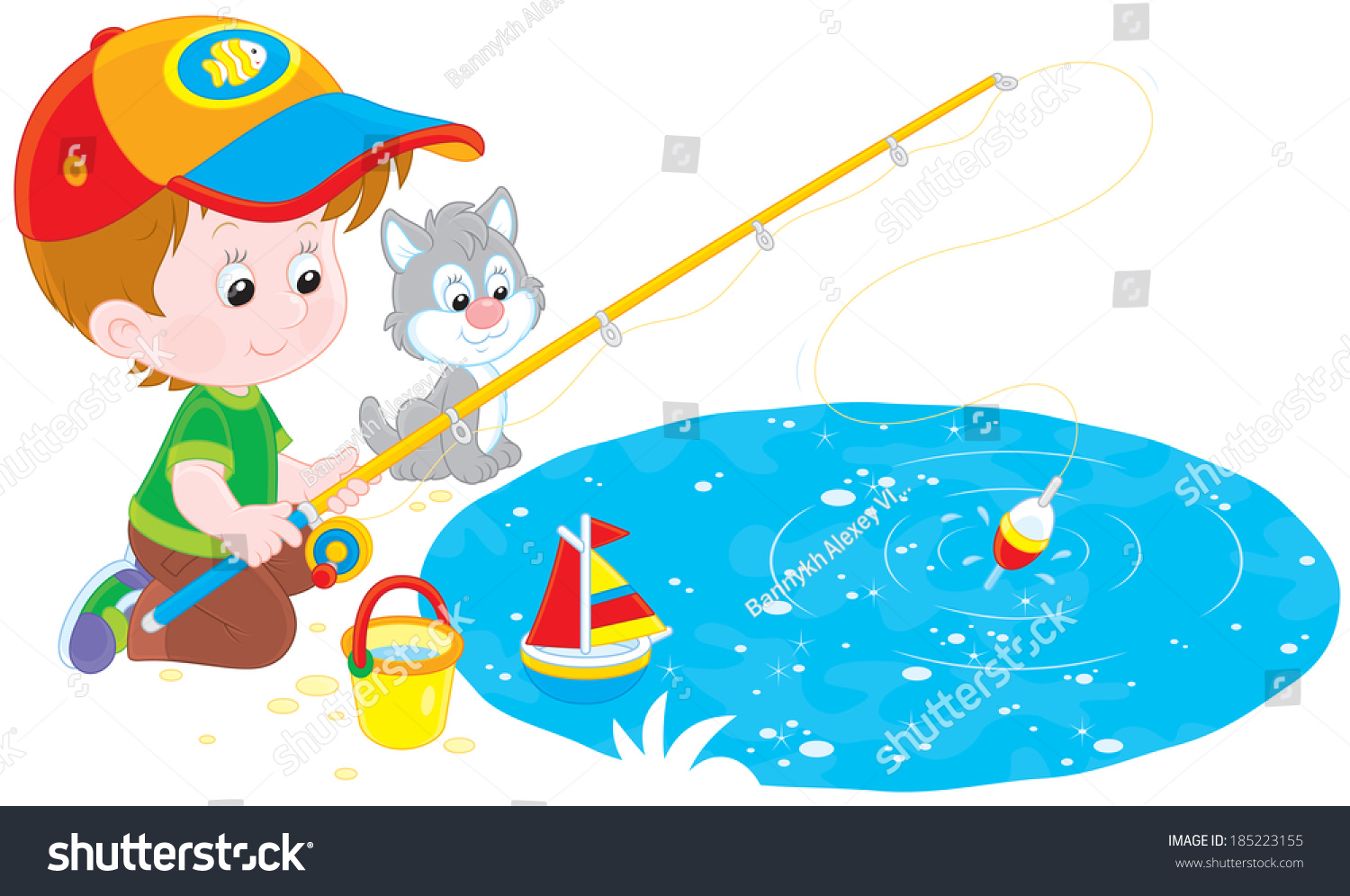 Little boy and a small kitten fishing on a pond - Royalty Free Stock ...