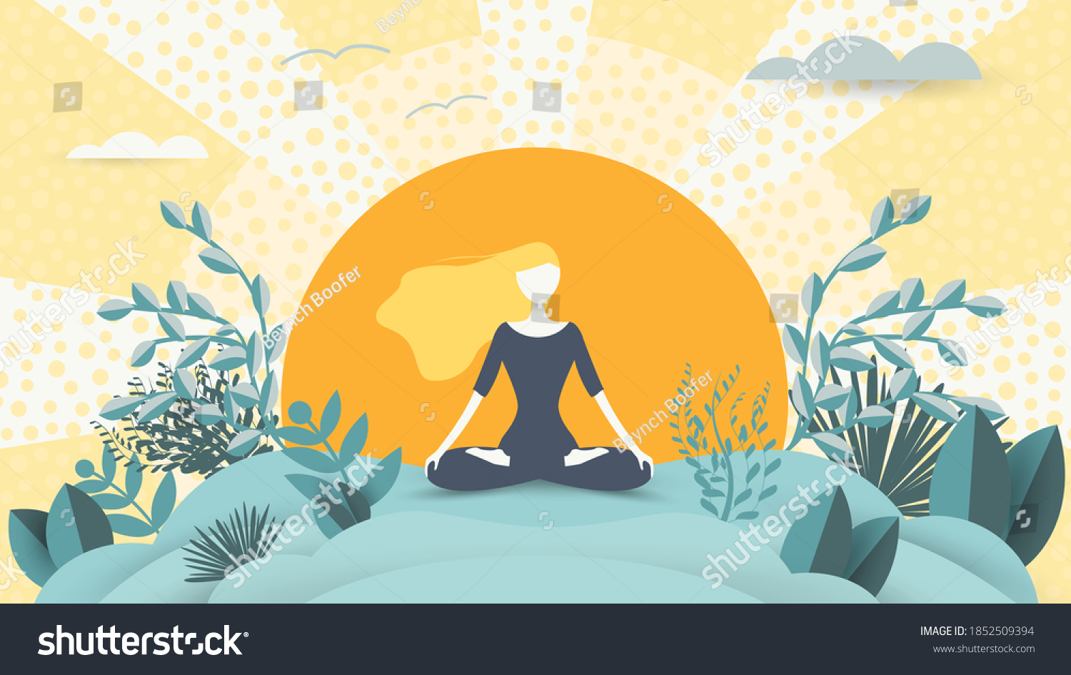 Spiritual therapy for body and mind with harmony yoga vector illustration. Wellness and health in nature. Mentally calm girl on the background of the sun. Balance and serenity of mind and body #1852509394