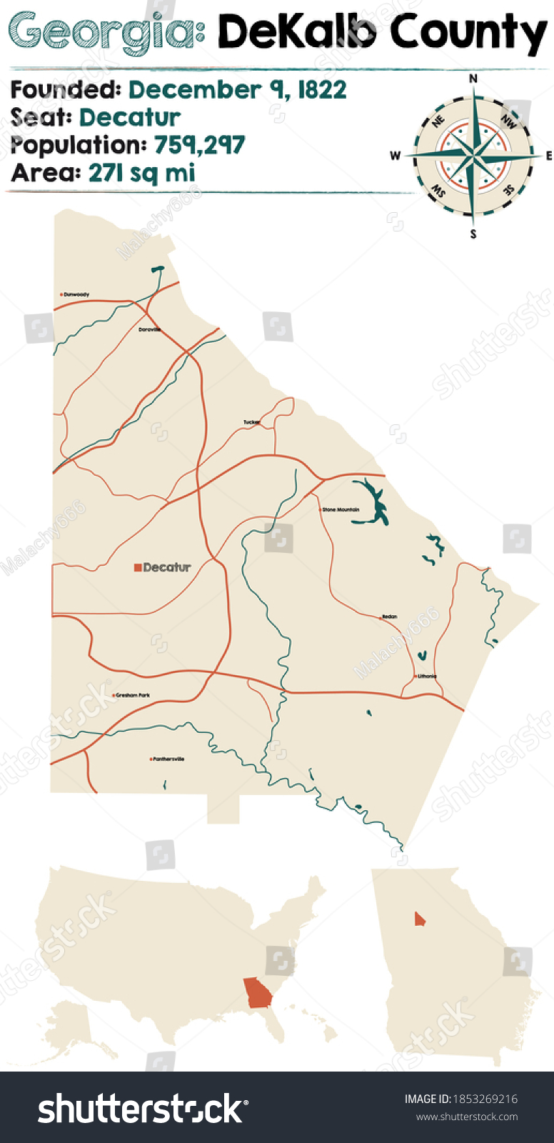 Large And Detailed Map Of Dekalb County In - Royalty Free Stock Vector 