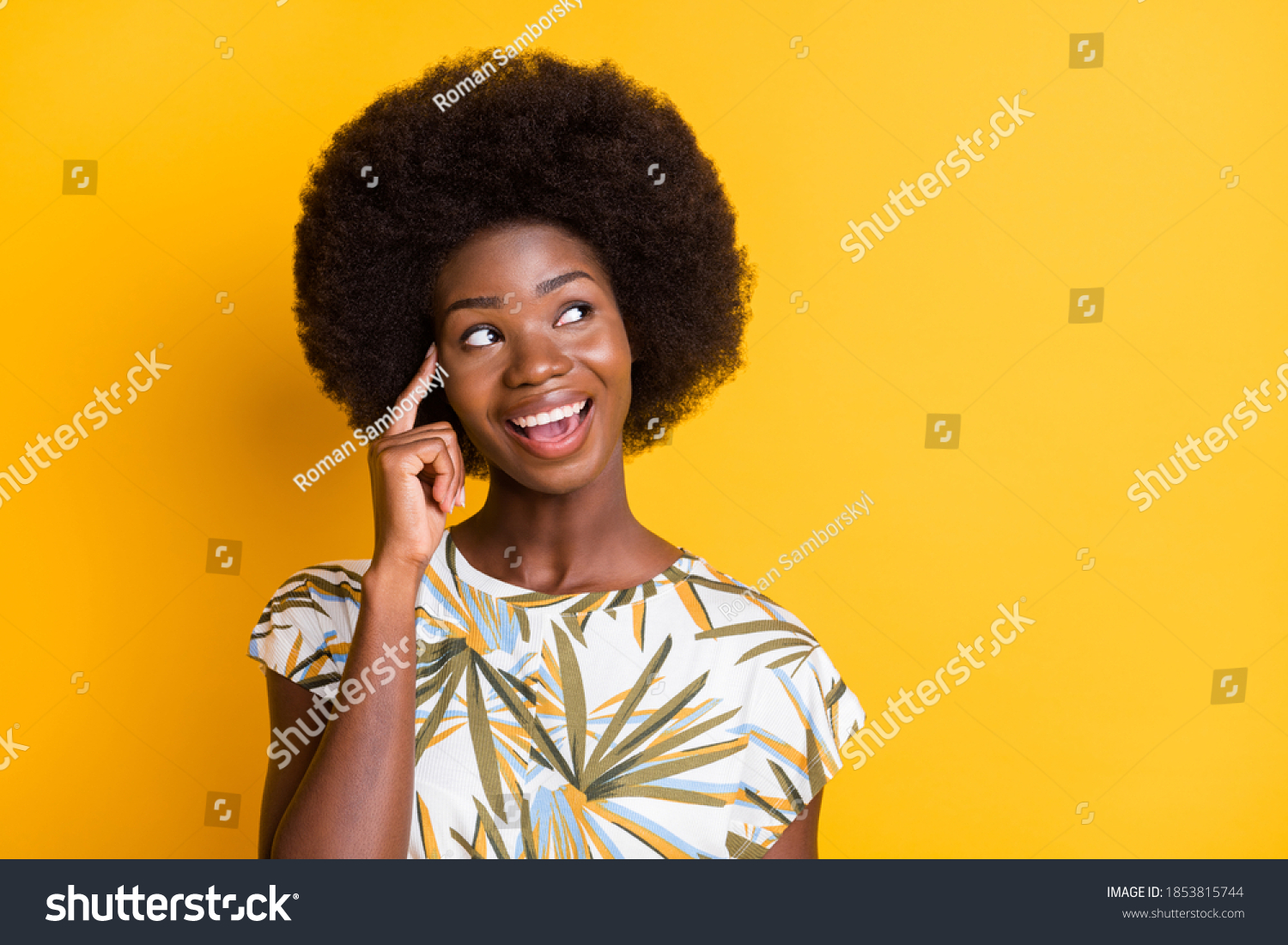 Close up photo of pretty attractive lady finger on the temple look empty space isolated on bright yellow color background #1853815744