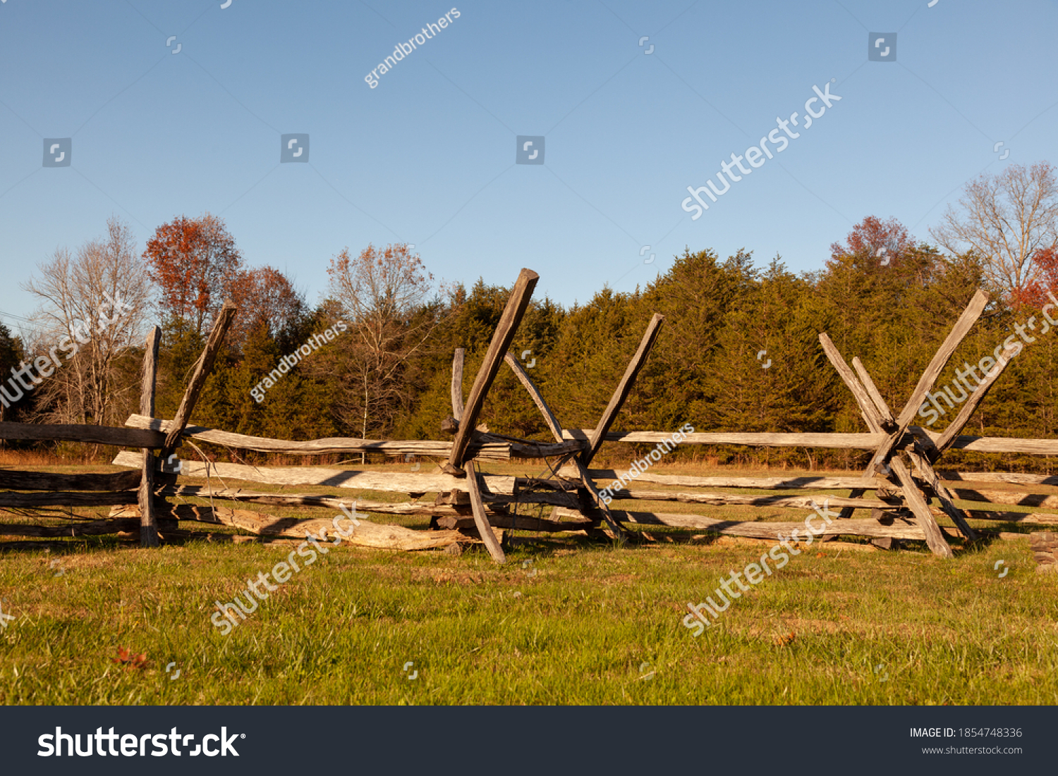 Historic Wooden Picket Fences (Period Fence) located at Manassas National Battlefield Park. These defensive structures were used against Cavalry charge during the Battle of Bull Run in US civil war. #1854748336