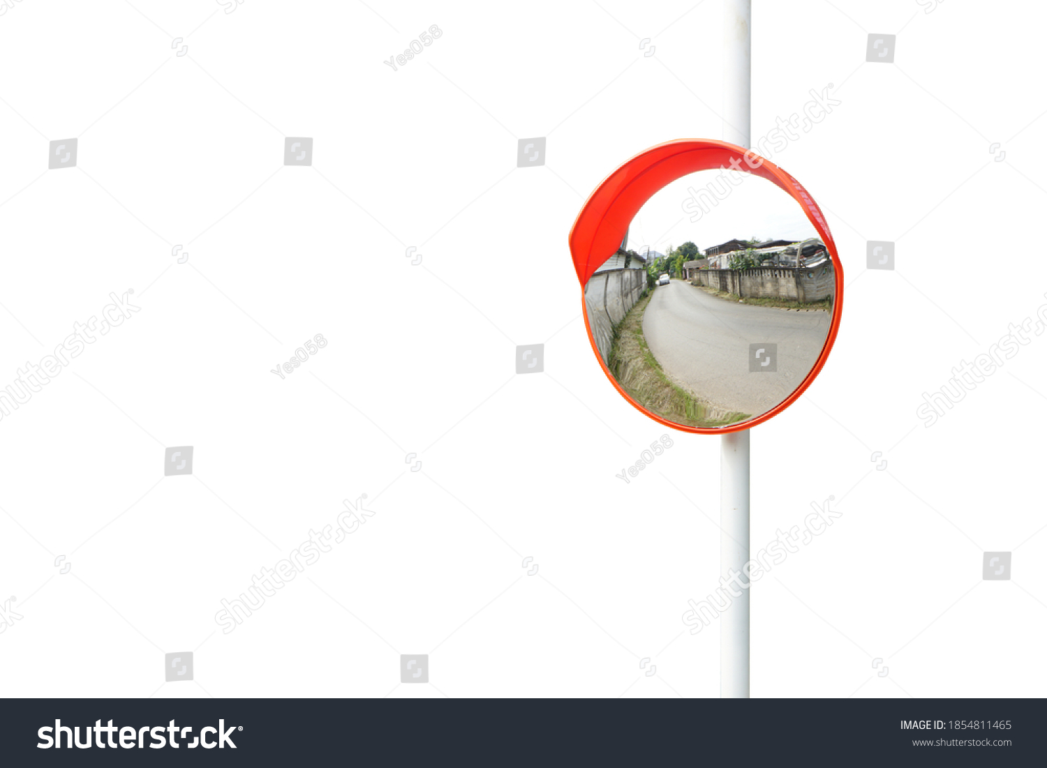 The traffic curve mirror, convex mirror on the road for safety isolated on white background with clipping path. The virtual image is upright, smaller than the object. #1854811465