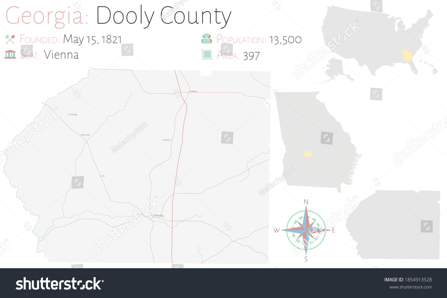 Large and detailed map of Dooly county in - Royalty Free Stock Vector ...