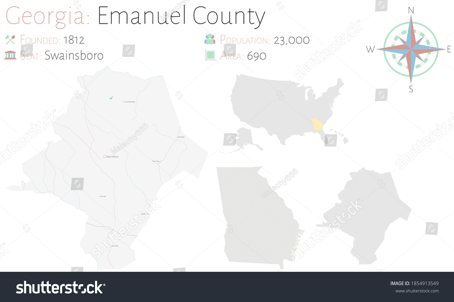 Large and detailed map of Emanuel county in - Royalty Free Stock Vector ...