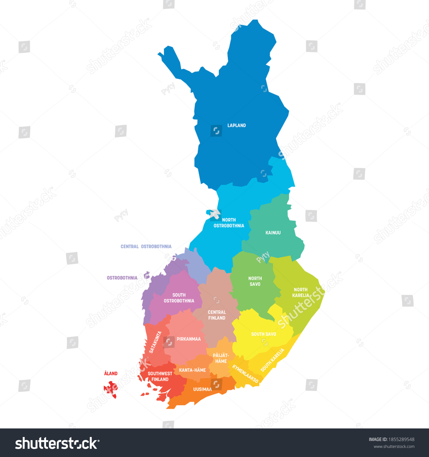 Colorful political map of Finland. Administrative divisions - regions. Simple flat vector map with labels. #1855289548