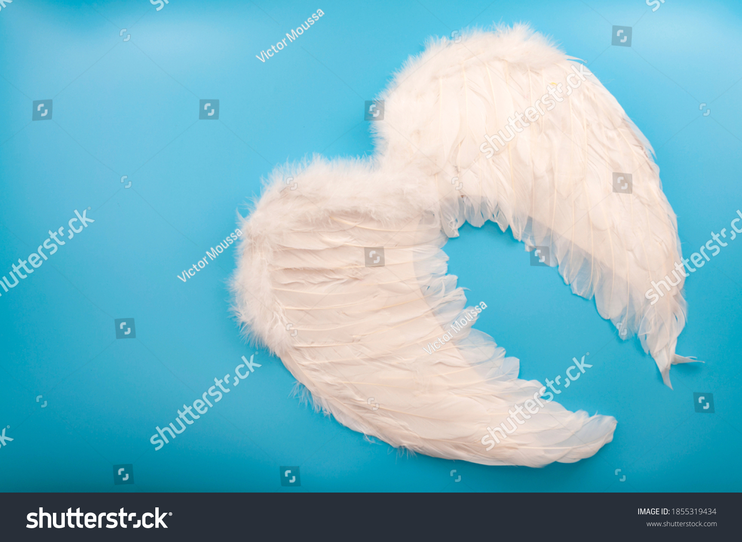 Innocence and purity, Christian mythology and innocent celestial creatures concept with guardian angel wings made of white feathers isolated on blue background with copy space #1855319434