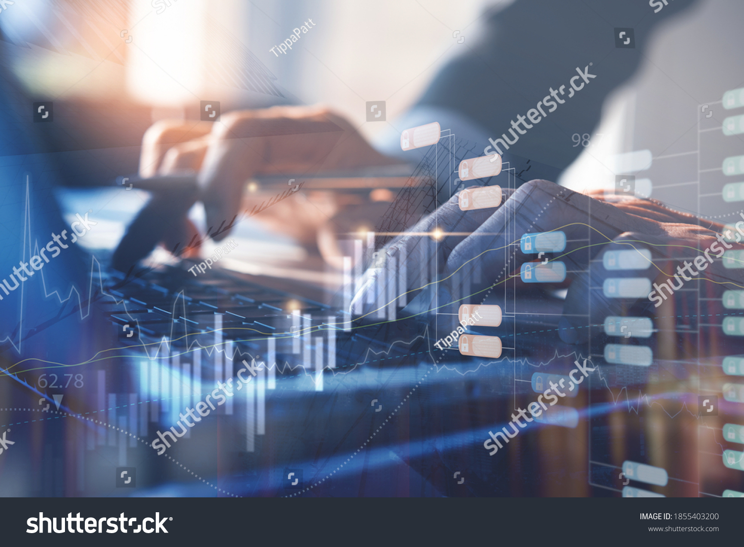 Business intelligence, blockchain technology, big data concept. Business man working on laptop computer with financial graph, monitoring on stock market report and encrypted blocks on virtual screen #1855403200