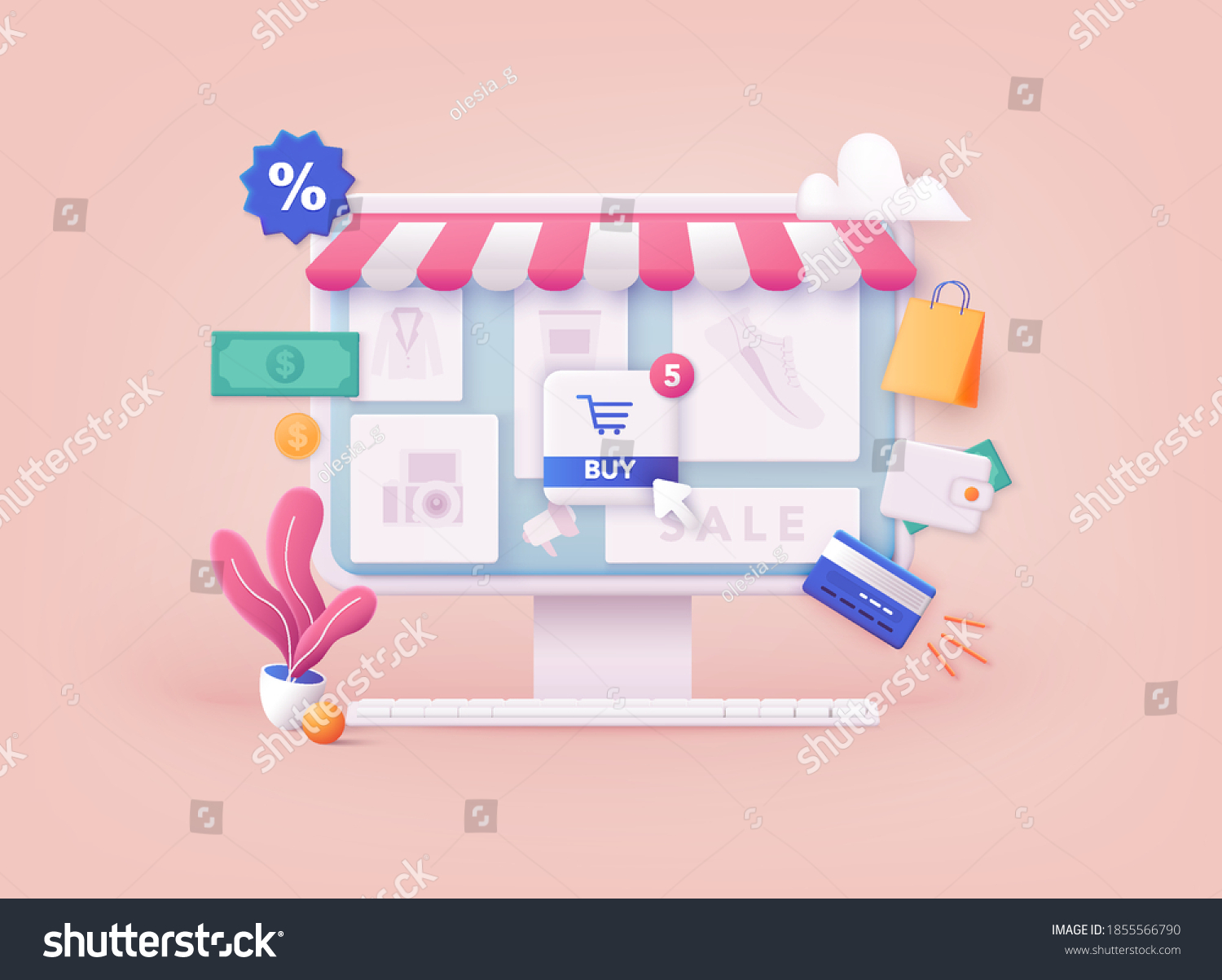 3D Web Vector Illustrations. Online shopping.Design graphic elements, signs, symbols. Mobile marketing and digital marketing. #1855566790