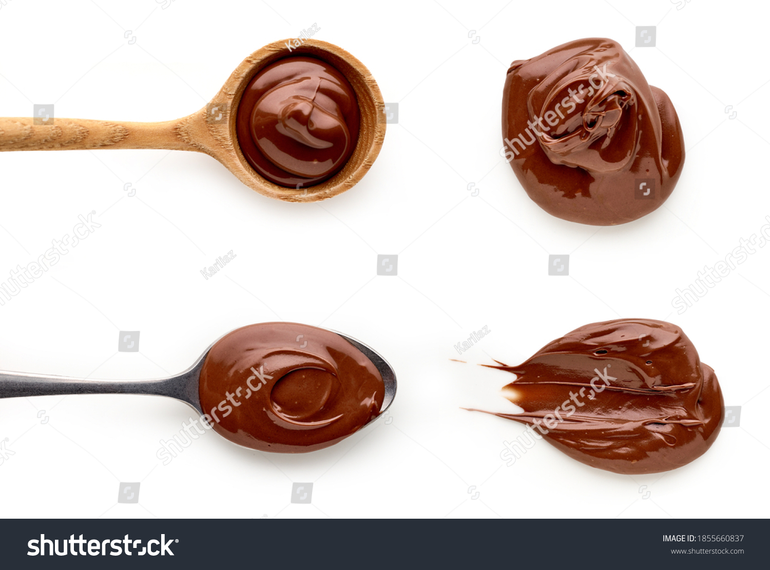 Chocolate nougat cream in spoons isolated on white background, top view #1855660837