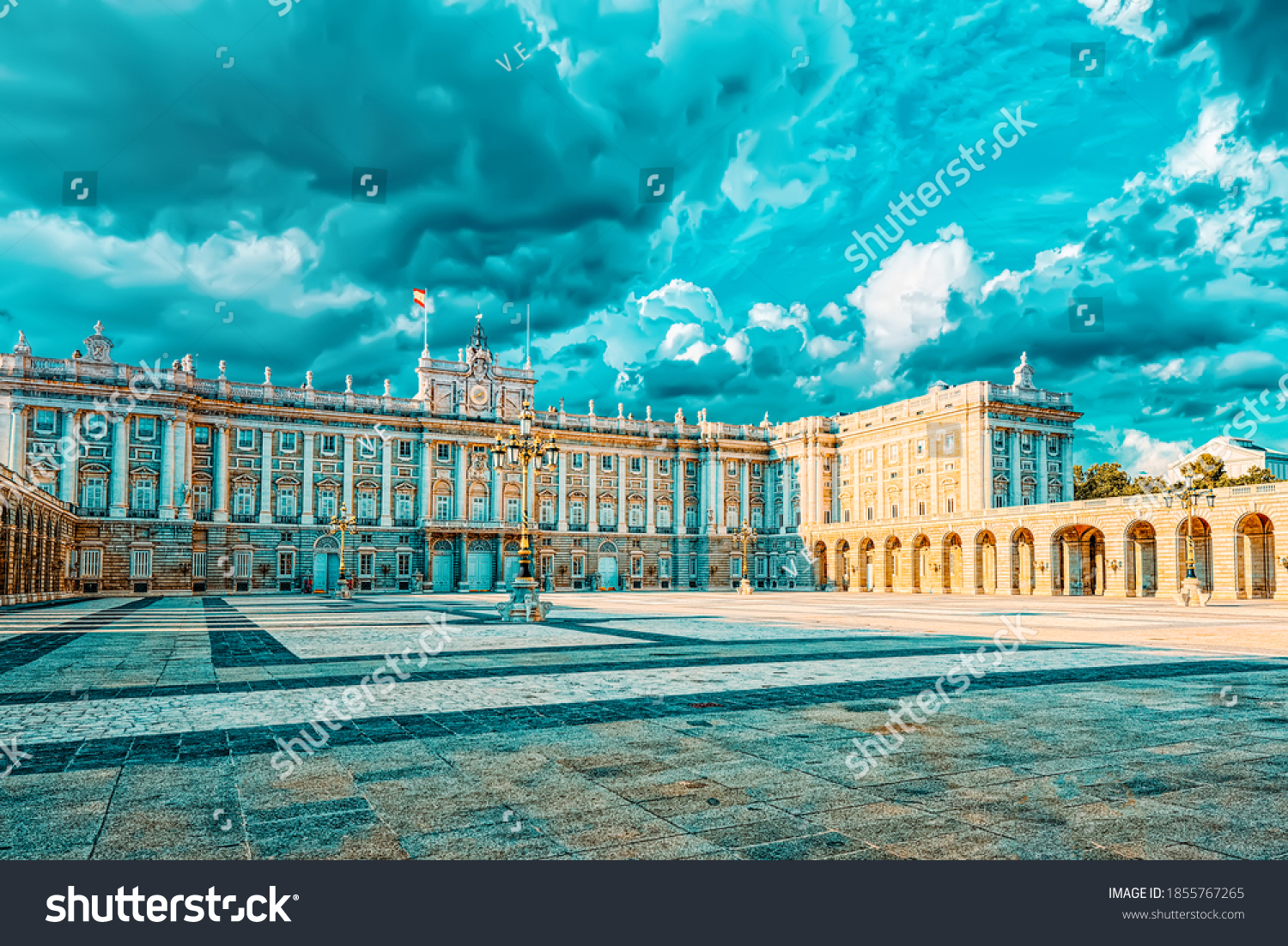 Royal Palace in Madrid (Palacio Real de Madrid) and Armory Square in the evening time. Spain. #1855767265