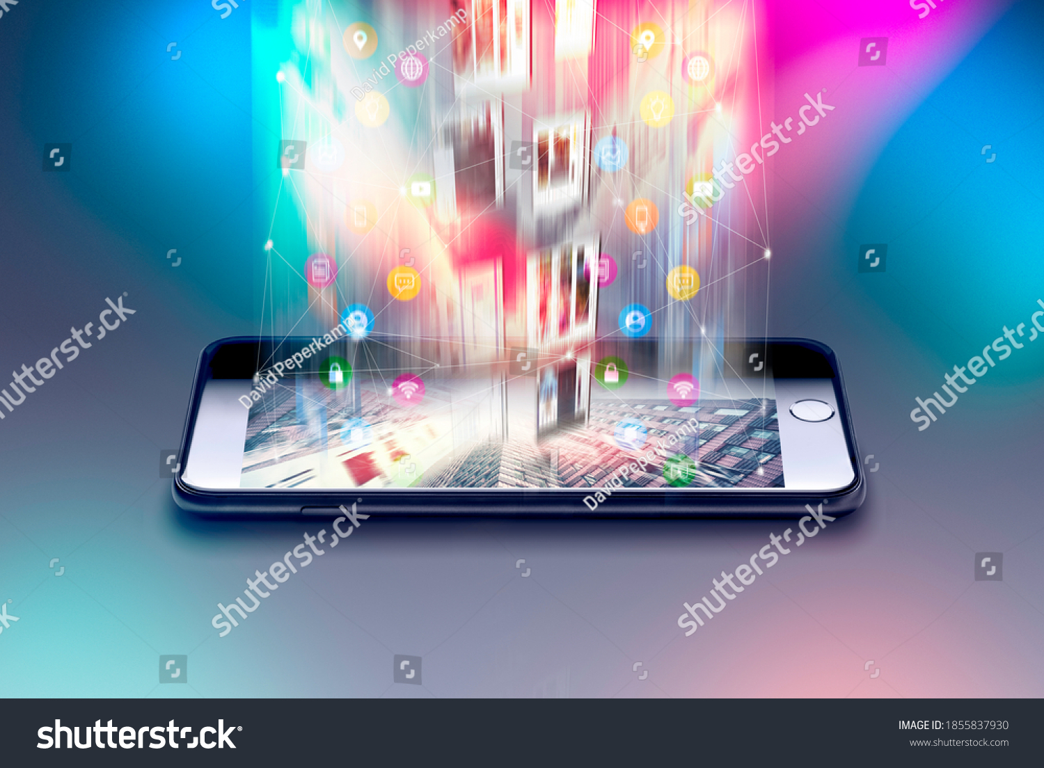 Encrypted mobile data from a smartphone 5G steaming service Creative abstract mobile internet web communication security and safety business commercial concept black glossy touchscreen smart phone app #1855837930