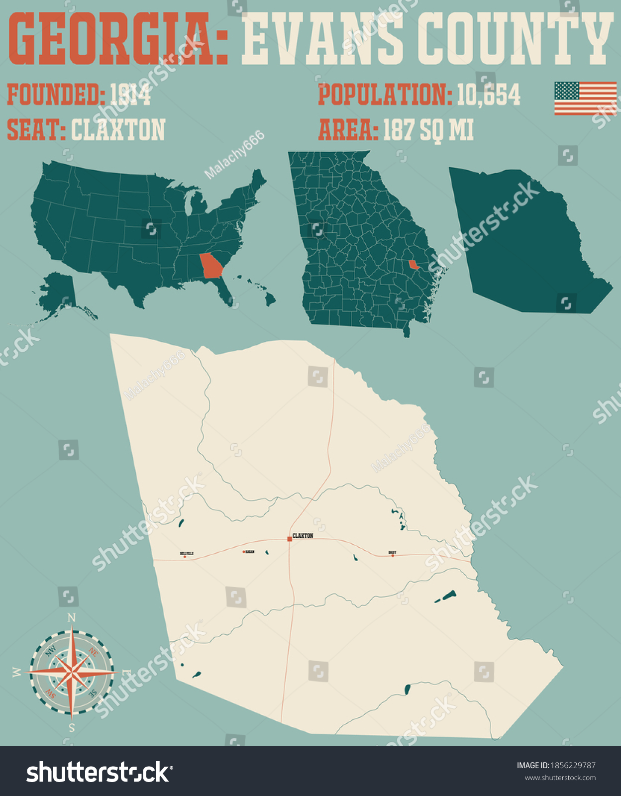 Large and detailed map of Evans county in - Royalty Free Stock Vector ...