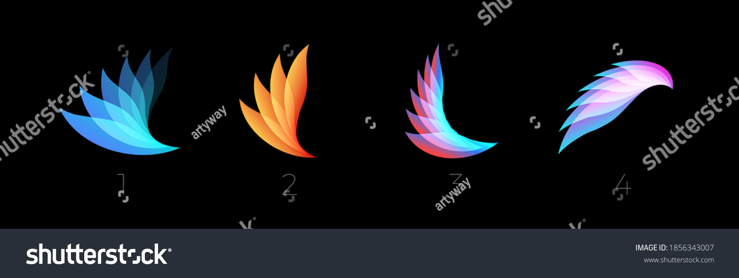 Beauty petals flat cartoon style vector logo set concept. Abstract light gradient wings symbol collection for business and startup. Colored feathers isolated icons on black background. #1856343007