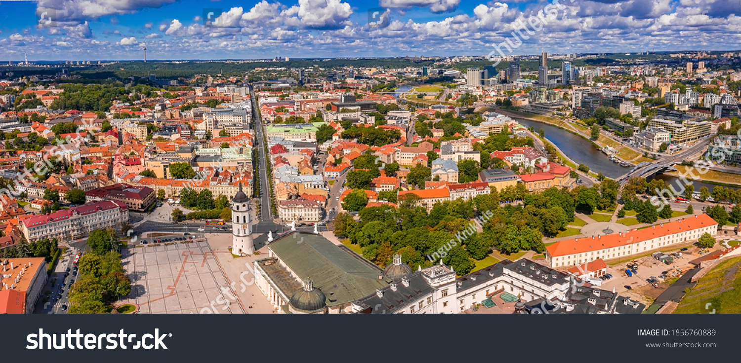 Aerial panoramic view of The Cathedral Square, main square of Vilnius Old Town, a key location in city`s public life, situated as it is at the crossing of the city`s main streets, Vilnius, Lithuania #1856760889