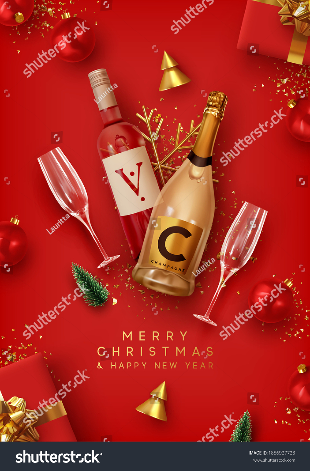 Merry Christmas and Happy New Year. Red Xmas Background design realistic alcohol bottle of champagne and wine, festive decorative objects gift box, balls, Christmas tree and pine tree, golden confetti #1856927728