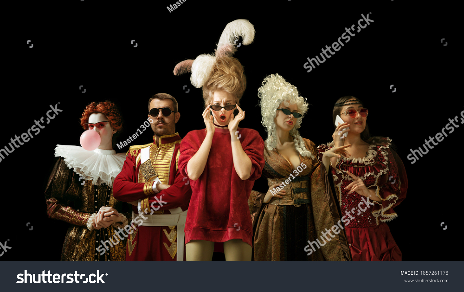 Medieval people as a royalty persons in vintage clothing and modern eyewear using devices on dark background. Concept of comparison of eras, modernity and renaissance, baroque style. Creative collage. #1857261178