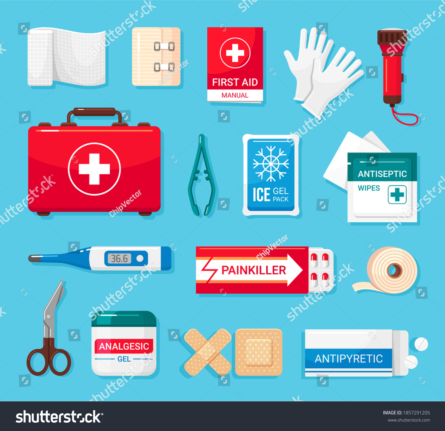 First aid kit flat icons set. Bandage, adhesive plaster, painkiller, antipyretic pills, clinic thermometer, ice gel pack. Vector medical supplies cartoon collection illustration isolated on blue. #1857291205