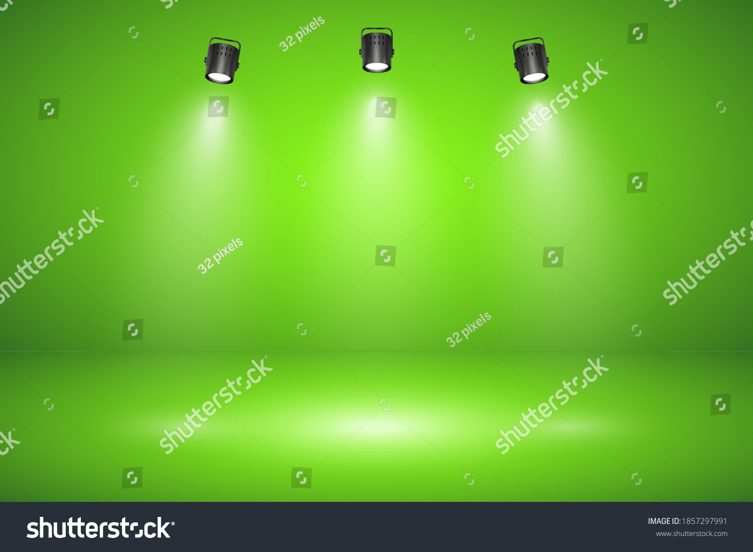 Empty green studio abstract background with spotlight effect. Product showcase backdrop. Chroma key compositing. #1857297991