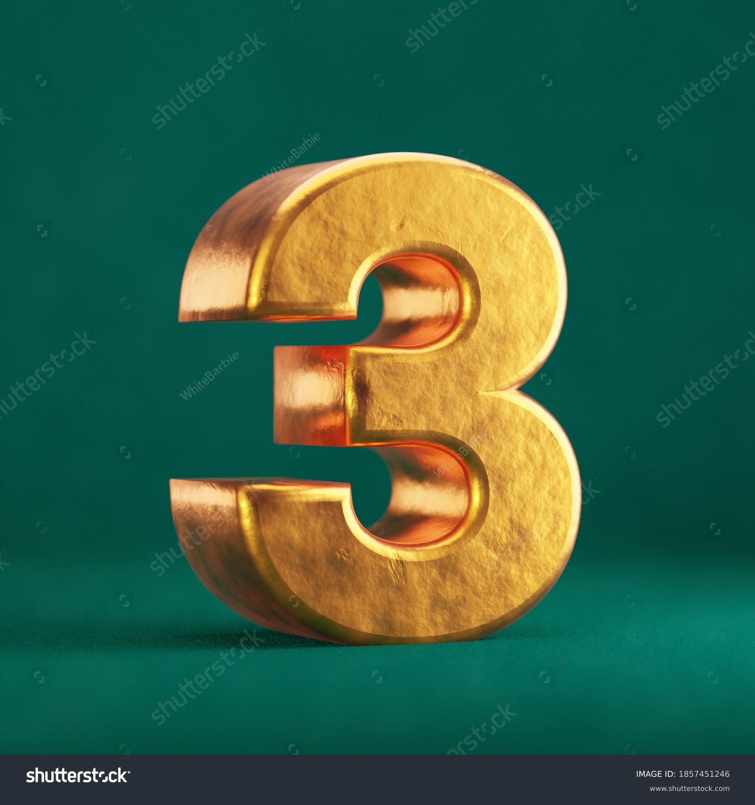 Fortuna Gold Number 3 on Tidewater Green background. Trend color font type symbol. 3d render. #1857451246