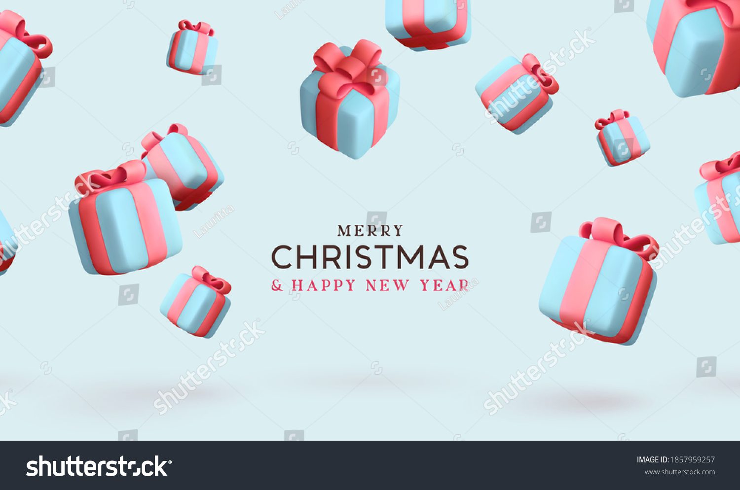 Merry Christmas and Happy New Year. Background with realistic festive gifts box. Xmas present. Blue boxes fall effect. Holiday gift surprise banner, web poster, flyer, stylish brochure, greeting card #1857959257