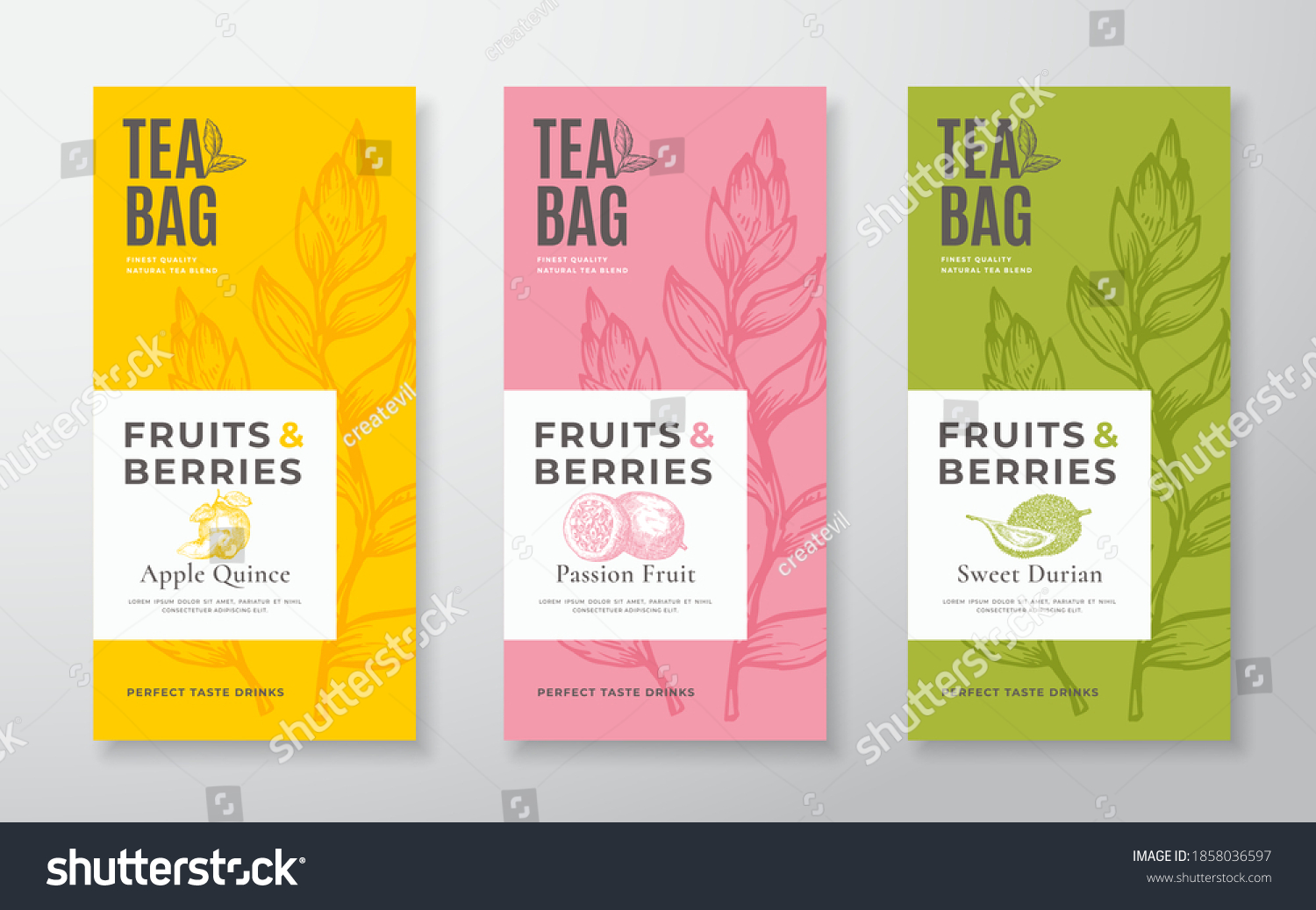 Exotic Fruits Tea Labels Set. Vector Packaging Design Layouts Bundle. Modern Typography, Hand Drawn Tea Leaves, Quince, Passion Fruit and Durian Silhouettes Background. Beverage Banners. Isolated. #1858036597