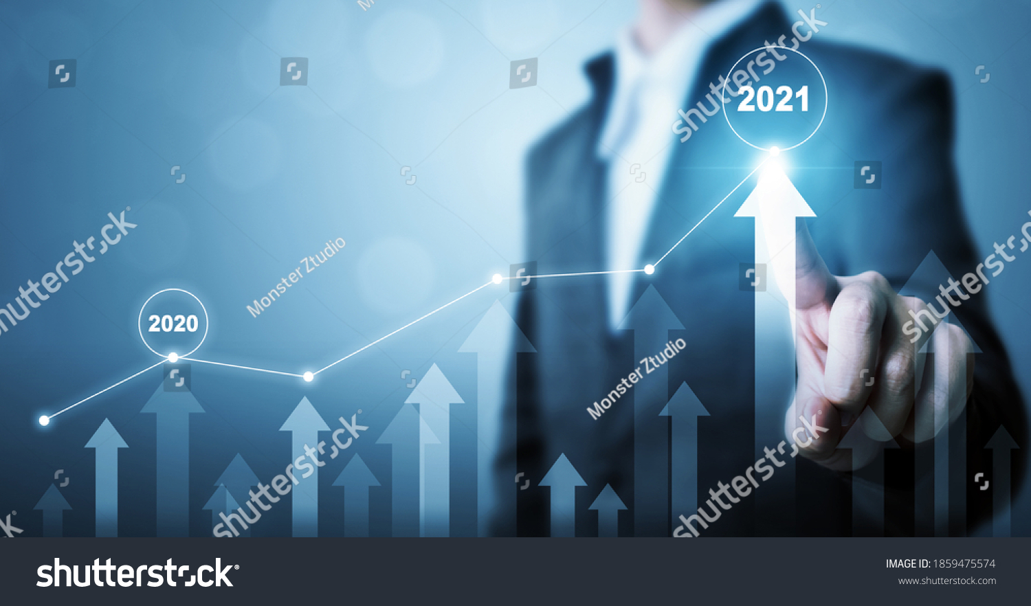 Businessman pointing arrow graph corporate future growth plan. Business development to success and growing growth year 2020 to 2021 concept #1859475574