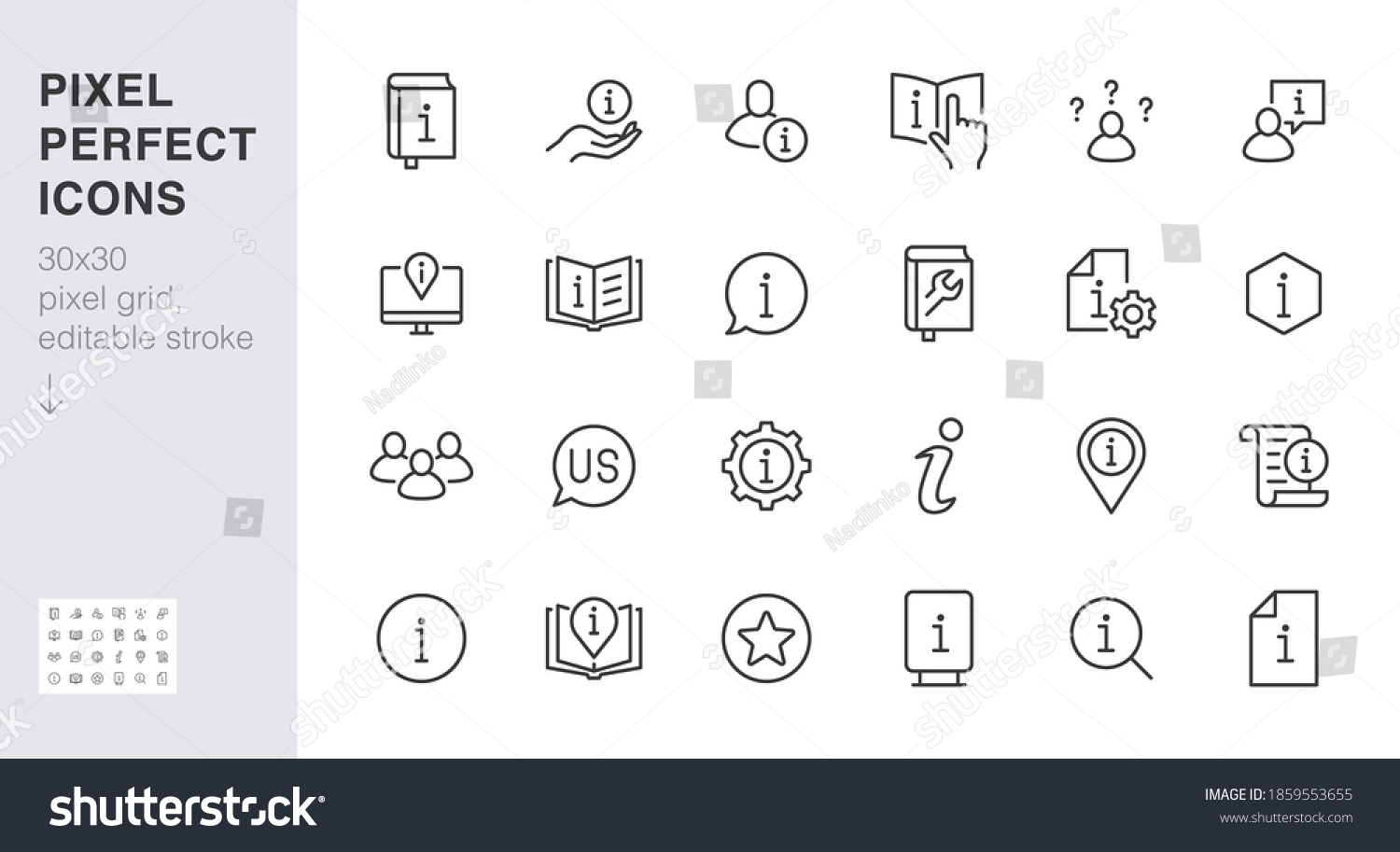 Information line icon set. Privacy policy, manual, rule, instruction, inform, guide, reference minimal vector illustration. Simple outline sign tutorial app ui 30x30 Pixel Perfect Editable Stroke. #1859553655