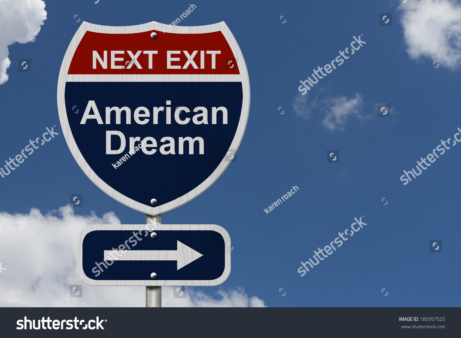 American Dream this way, Blue and Red Interstate Sign with word American Dream and an arrow with sky background #185957525