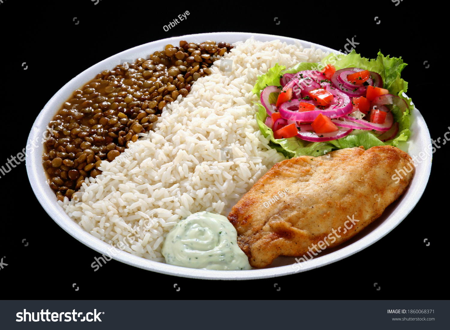 Traditional lunch dish in Ecuador consisting of chicken breast, rice, lentils, salad and a small portion of tartar sauce. #1860068371