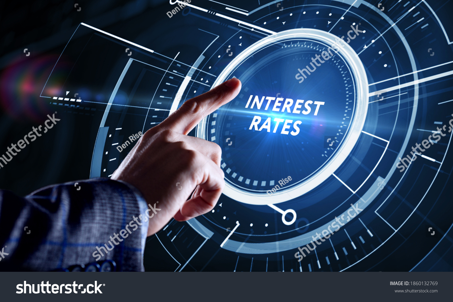 Businessman presses button  interest rates on virtual screens. Business, Technology, Internet and network concept. #1860132769