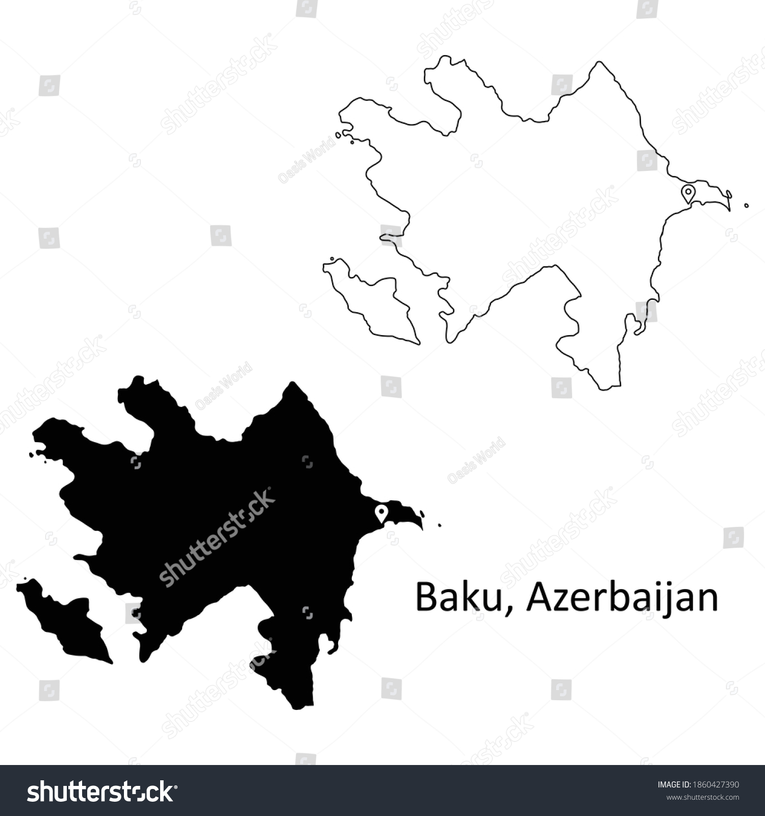 Baku Azerbaijan. Detailed Country Map with Capital City Location Pin. Black silhouette and outline maps isolated on white background. EPS Vector #1860427390