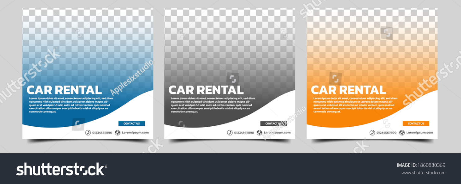 Set of editable square banner template. Car rental banner with black, orange and blue color background. Flat design vector with photo collage. Usable for social media, story and web internet ads. #1860880369
