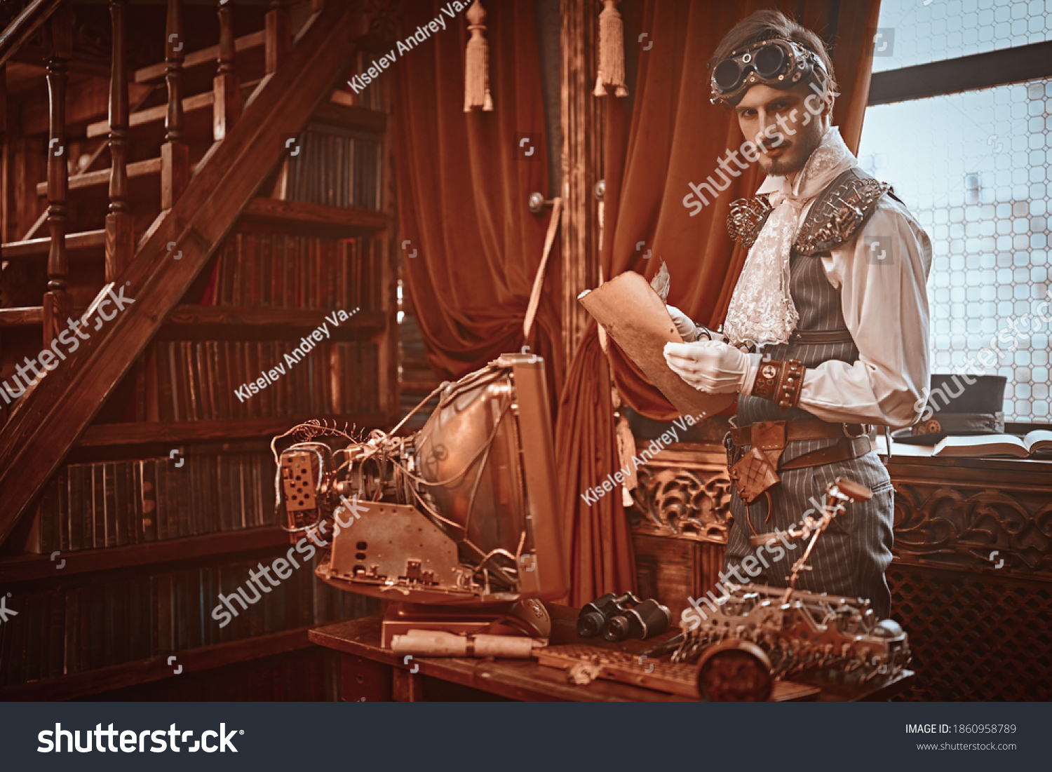 Scientist steampunk man inventor works in his laboratory with Victorian interior. Adventure world of steampunk. #1860958789