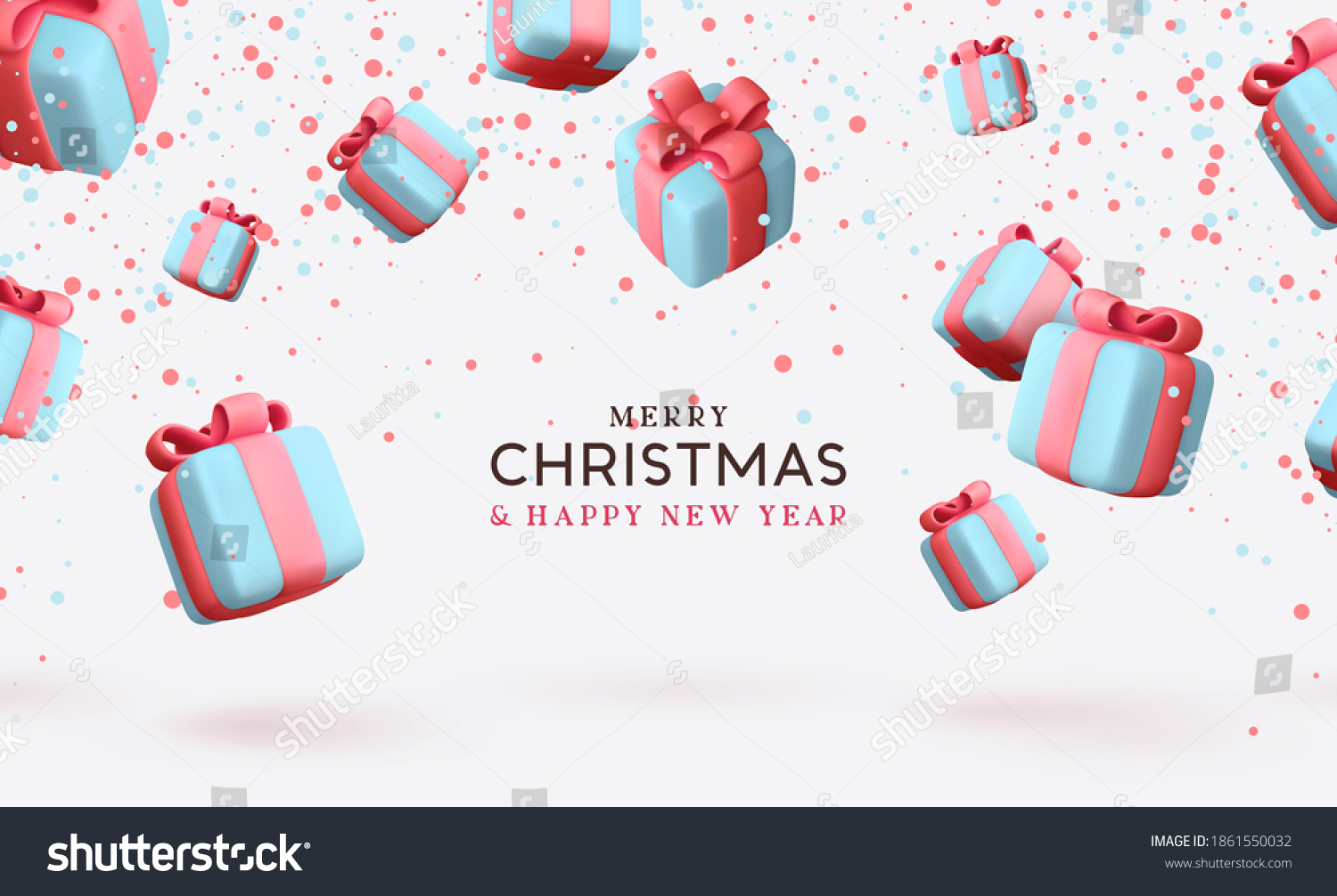 Merry Christmas and Happy New Year. Background with realistic festive gifts box. Xmas present. Blue boxes fall effect. Holiday gift surprise banner, web poster, flyer, stylish brochure, greeting card #1861550032