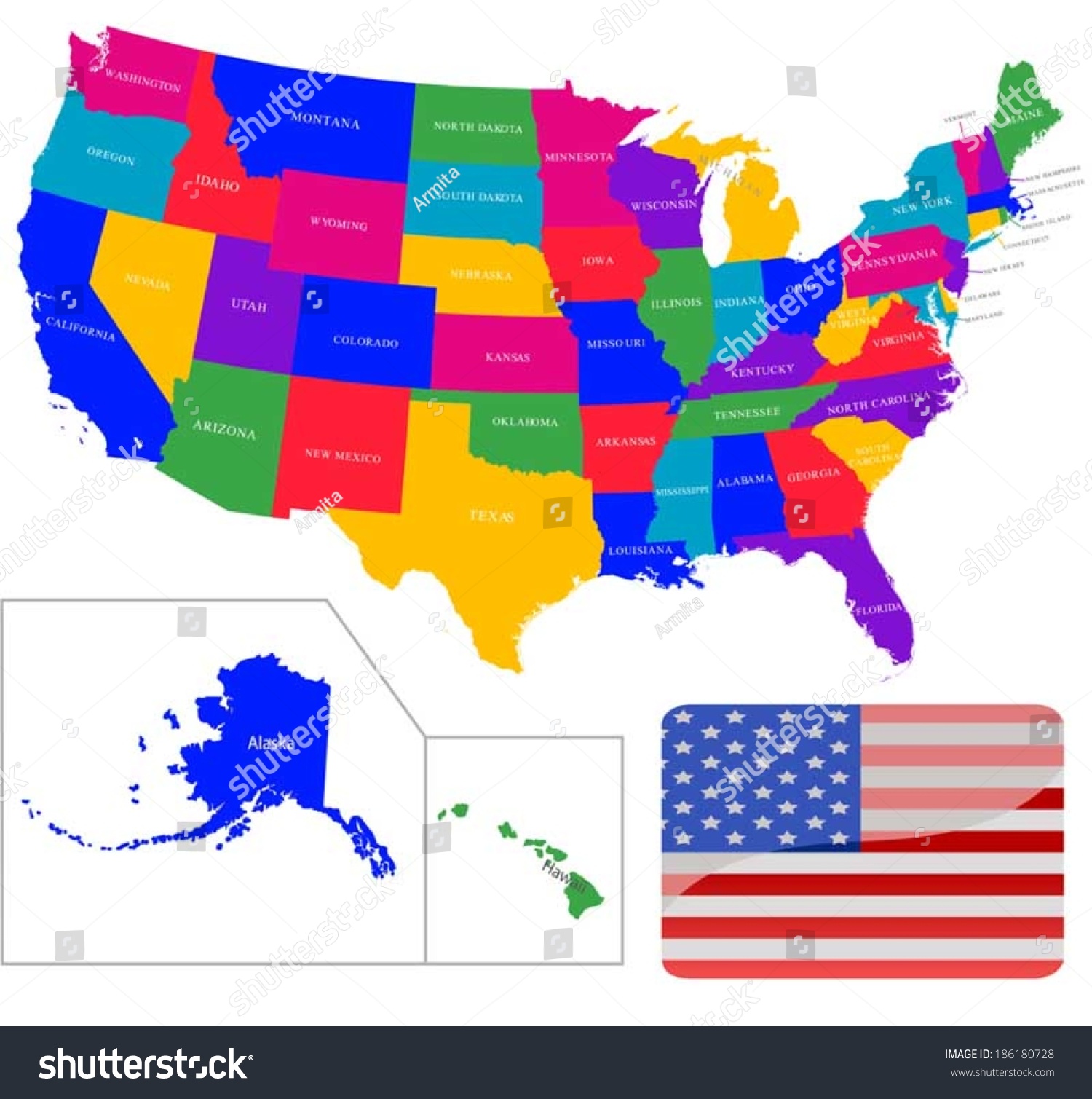 Colorful USA map with states - Royalty Free Stock Vector 186180728 ...