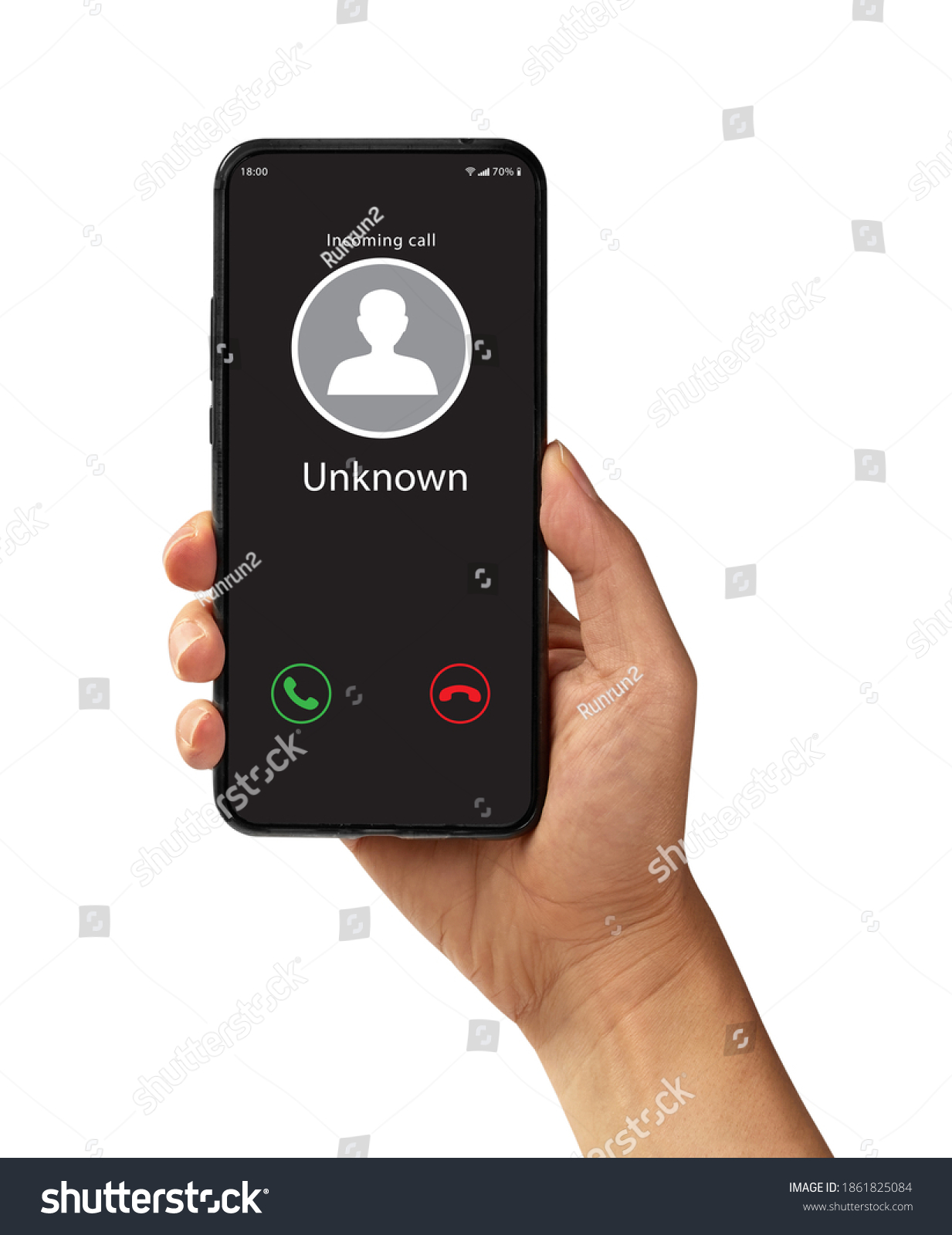 Hand holding the black smartphone with Unknown incoming call. #1861825084