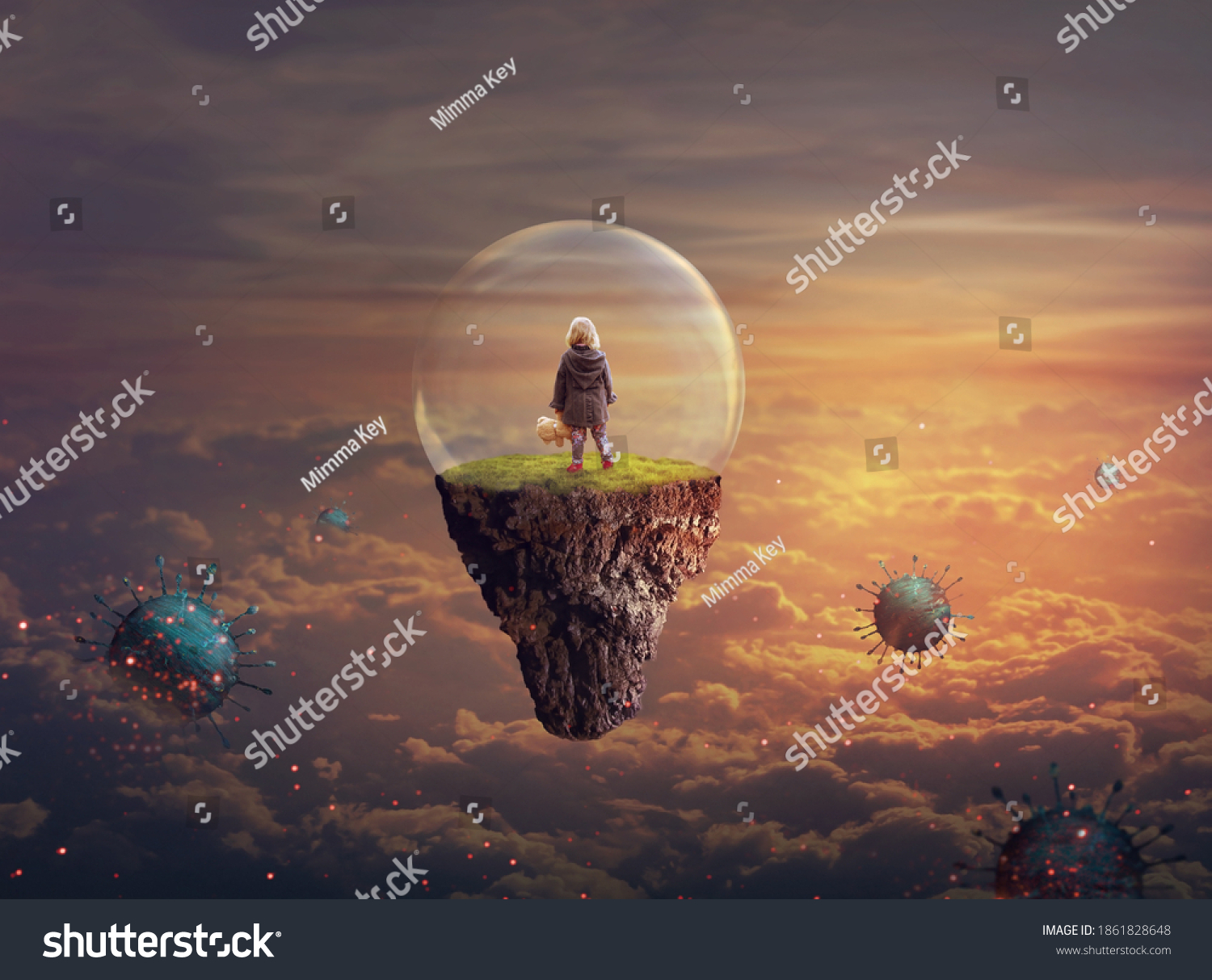 Little girl on a floating island covered with glass bubble; Disease-virus protection concept; Elements of this image furnished by NASA #1861828648