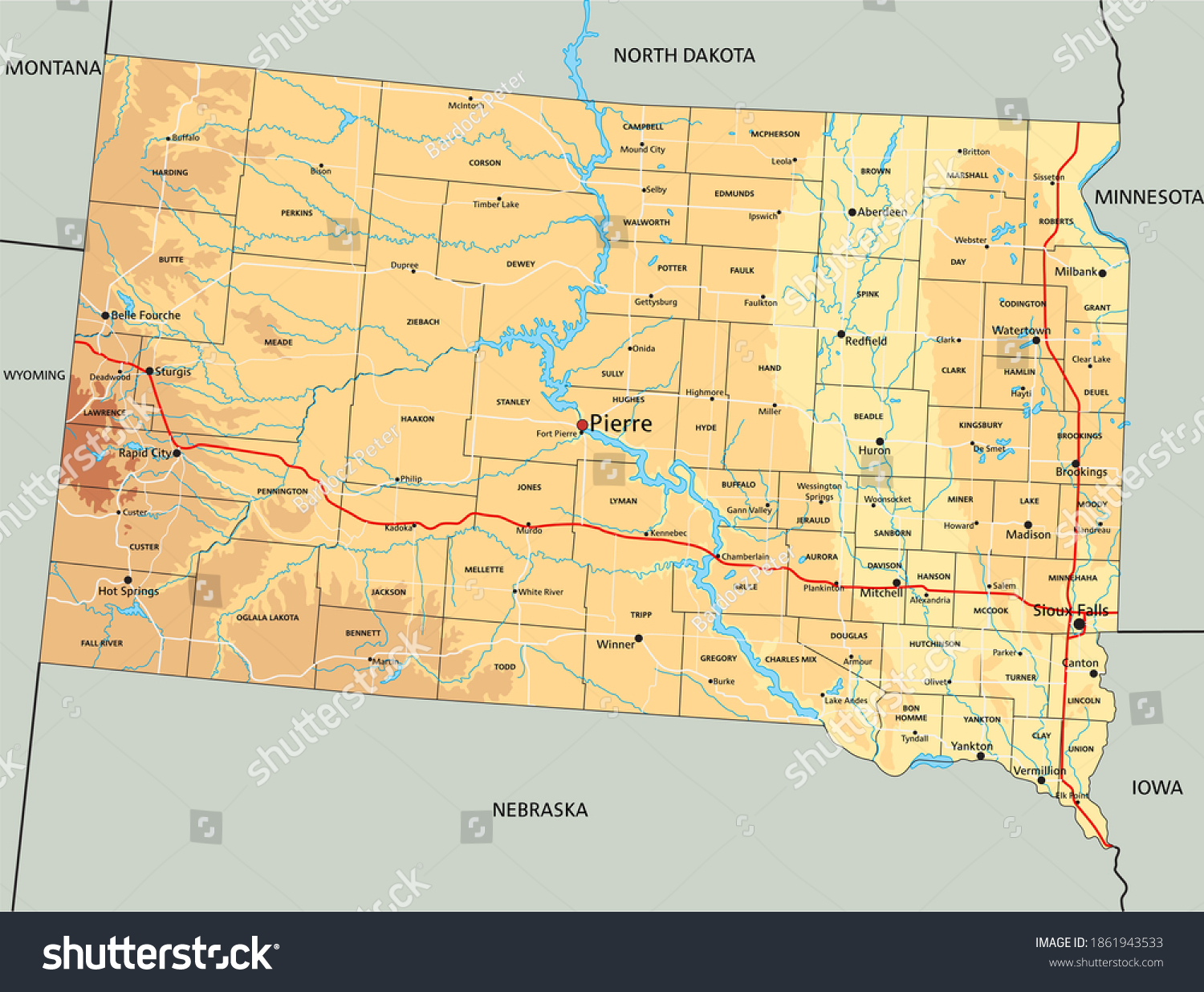 High Detailed South Dakota Physical Map With Royalty Free Stock   Avopix 1861943533 