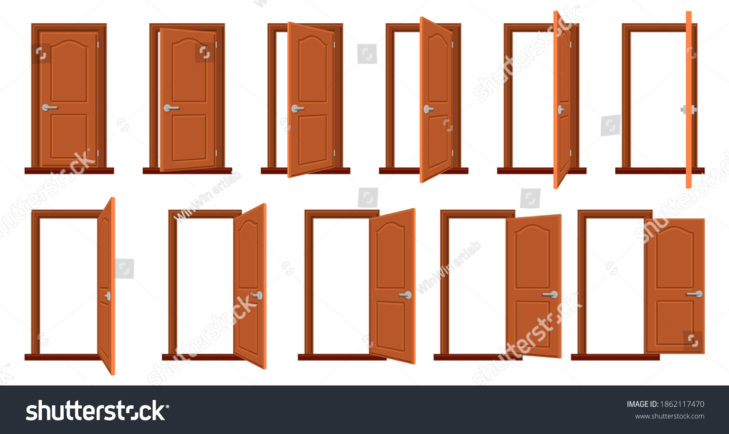 Door animation. Opened and closed wooden doors, sprite animation house entrance. Wood door in different position isolated vector illustration set. House facade or room entry isolated collection #1862117470