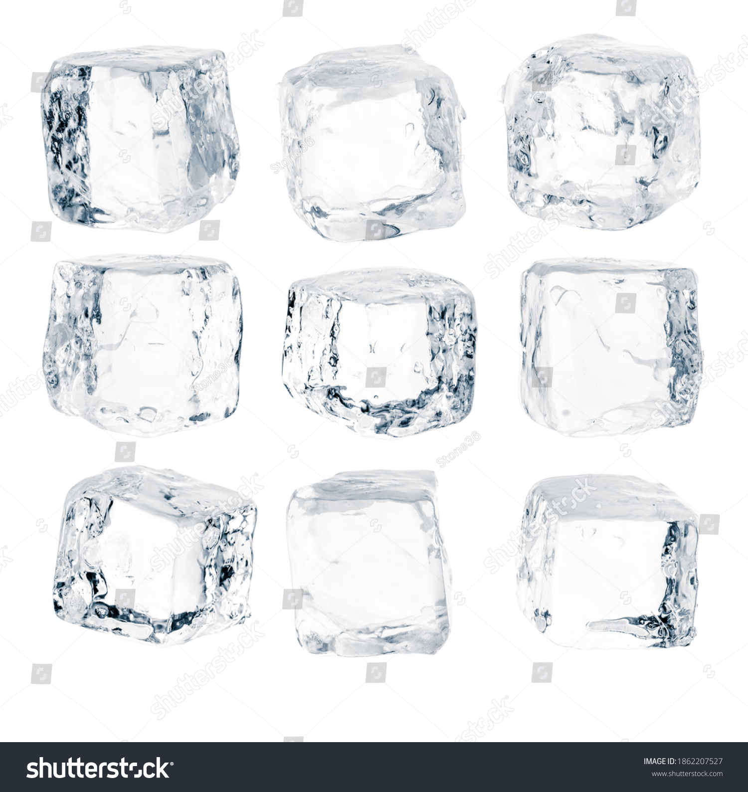 Set of pieces of pure blue natural crushed ice. Ice cubes. Clipping path for each cube included. #1862207527