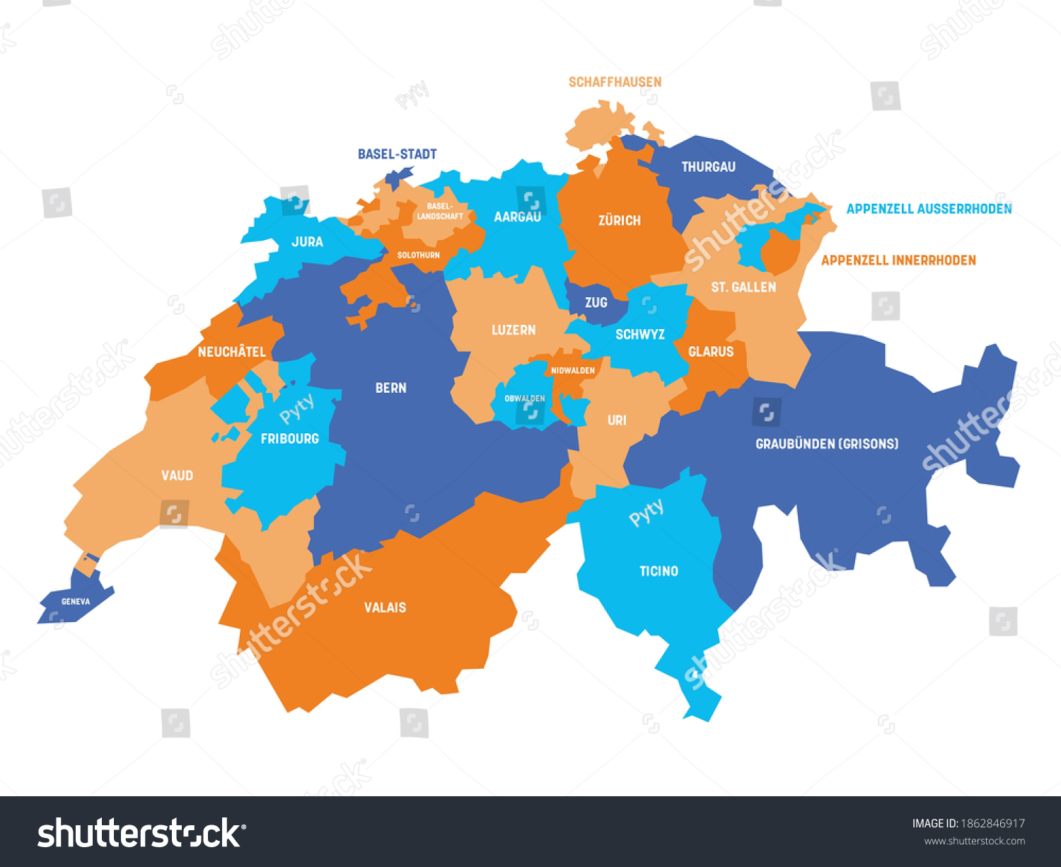 Colorful Political Map Of Switzerland. - Royalty Free Stock Vector ...