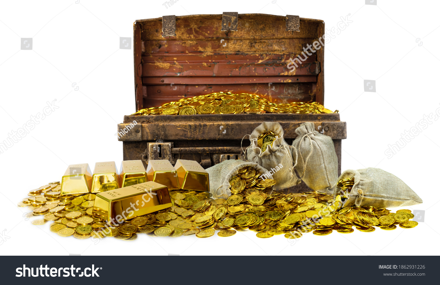 A lot of stacking gold coins in treasure stack and gold bar 1kg on white background #1862931226
