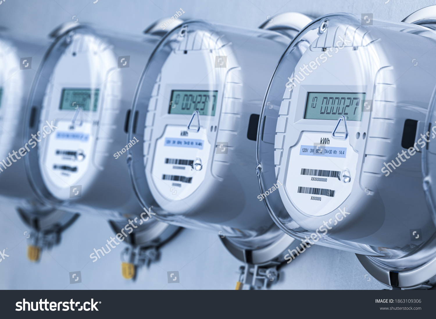 Digital electric meters in a row measuring power use. Electricity consumption concept. 3d illustration #1863109306