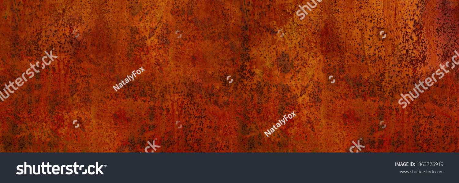 Rusty metal background. Rust texture. Orange red brown abstract background. Bright rough textured background. Wide banner. Panoramic. Copy space. #1863726919
