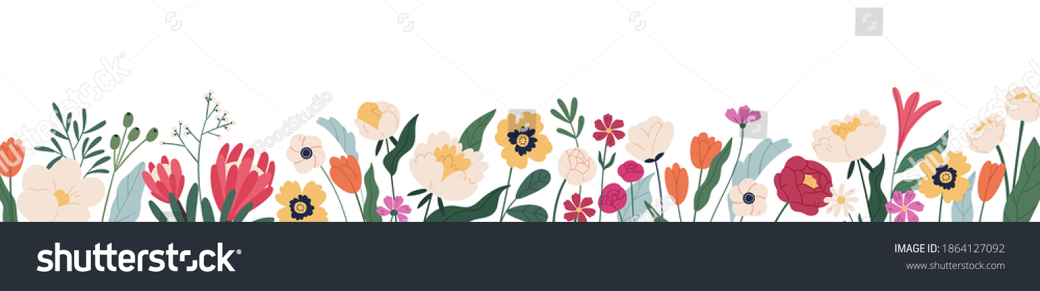 Horizontal white banner or floral backdrop decorated with gorgeous multicolored blooming flowers and leaves border. Spring botanical flat vector illustration on white background #1864127092