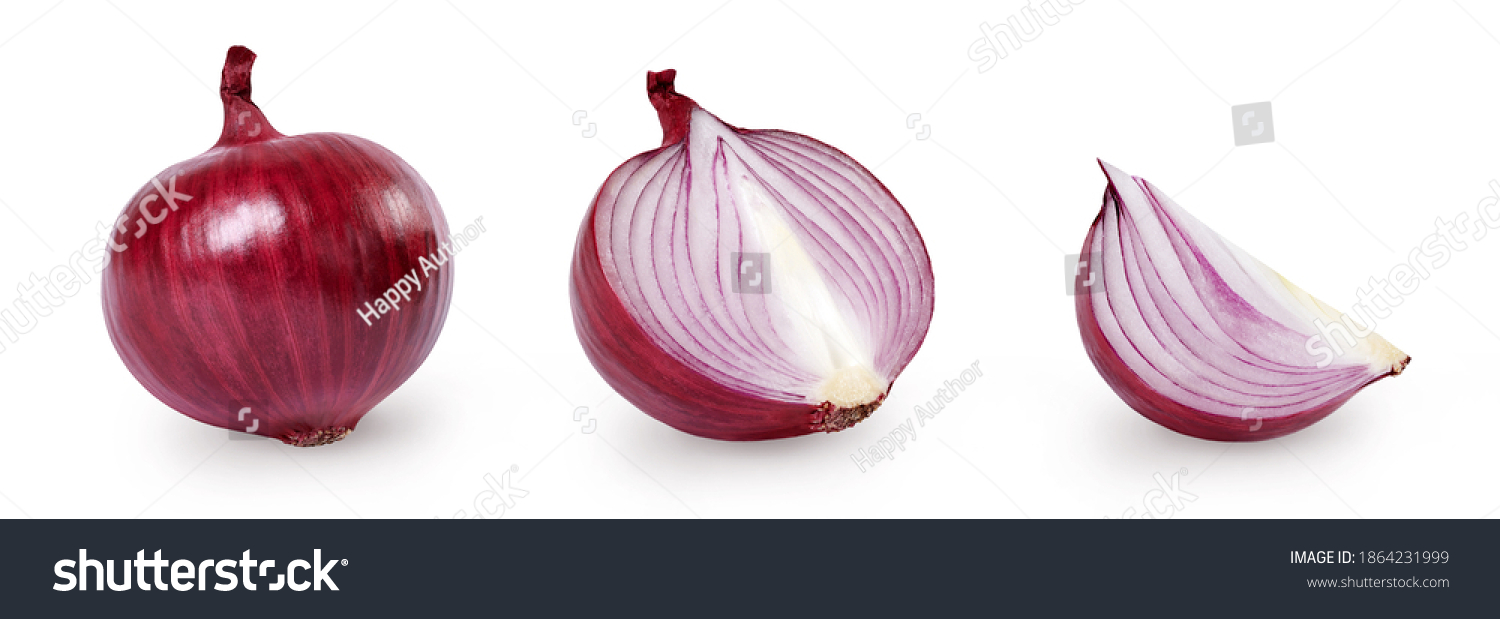 Whole and sliced red onion isolated on white background. Full depth of field. #1864231999