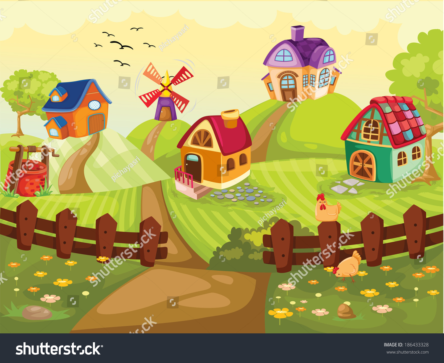 illustration of the lovely farm village - Royalty Free Stock Photo ...